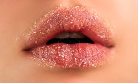 Photo for Sugar lips. Closeup lip with sugar. Beauty treatments. Lipscare cosmetics - Royalty Free Image