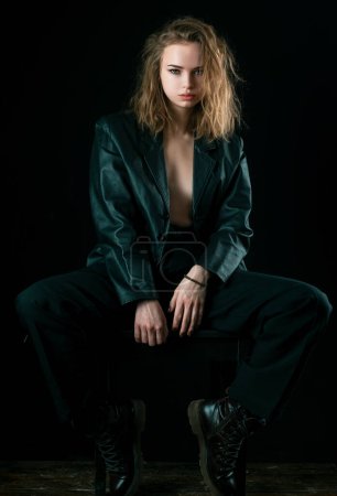 Photo for Brutal girl in black leather clothes. Fashion trendy vogue style - Royalty Free Image
