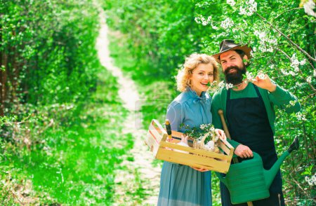 Foto de Propietario de una pequeña empresa que vende frutas y verduras orgánicas. Jardinería en primavera: pareja feliz cosechando y divirtiéndose mucho - Imagen libre de derechos