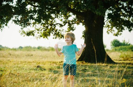 Photo for Happy child boy on meadow in summer in nature. - Royalty Free Image