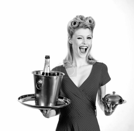 Photo for Pinup catering waiter with champagne and service tray. Restaurant serving presentation concept - Royalty Free Image