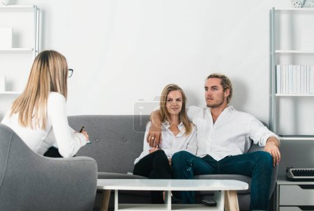 Photo for Psychologist with young couple, psychotherapist or marriage counselor listen mental health of couple. Psychological couple problem, family therapy. Family at psychology session - Royalty Free Image