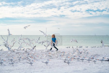 Photo for Kid runs along the coast and chases the birds. Seagull fly away. Boy and seagull on the beach, excited boy running on the beach with his hands raised up with seagulls flying in the sky - Royalty Free Image