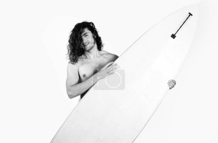 Photo for Surfer man with surfboard isolated on white. Surfing sport - Royalty Free Image