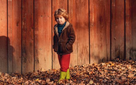 Foto de Niño en un paseo sobre fondo de madera de otoño - Imagen libre de derechos