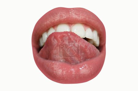 Photo for Sexy licking lips, open mouth with red female lips and tongue icon - Royalty Free Image