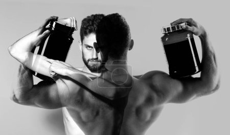 Foto de Sports nutrition. Portrait of athletic man without a shirt with protein. Shirtless man man slim vs muscles torso - Imagen libre de derechos