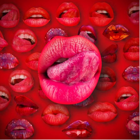 Téléchargez les photos : Lips and mouth. Sexy tongue licking sensual lips. Female lip in red background. Woman lips - en image libre de droit