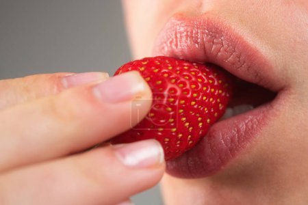Photo for Erotic woman secret and sex symbols concept. Orgasm. Talk sex. Strawberry lubricant. Sexy Woman Eating Strawberry. Strawberry in Sensual Lips. Desire. Sexy red Lips with Strawberries. Sexy Strawberry - Royalty Free Image