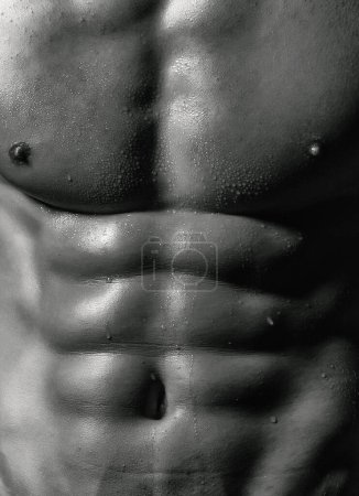 Foto de Atractivo macho sexy cuerpo húmedo de cerca. Plantillas de pancartas con hombre musculoso, torso muscular, seis abdominales. Blanco y negro - Imagen libre de derechos
