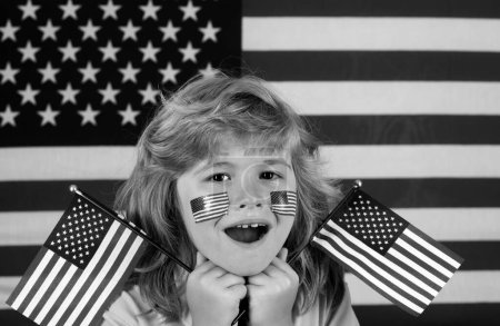 Photo for Child with american flag, independence day 4th of july. United States of America concept. Fourth of july independence day of the usa. Funny excited amazed kids face - Royalty Free Image