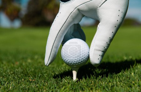Téléchargez les photos : Main mettant la balle de golf sur le tee dans le terrain de golf. Boule de golf en herbe - en image libre de droit
