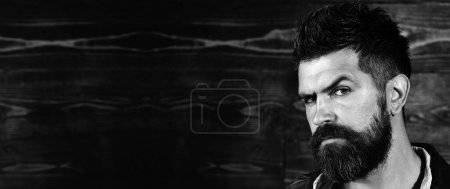 Photo for Beard man with classic long beard, bearded gay. Barber barbershop. Mustache men. Templates web banner design. Horizontal banner for website header with text copy space, on wooden vintage background - Royalty Free Image