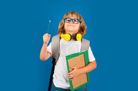 Learning knowledge and kids education concept. School teen boy in with backpack. Thinking pensive kids, thoughtful emotions of school child, clever smart funny nerd have idea
