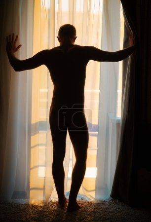 Foto de Silueta gay sexy. Hombre joven musculoso desnuda posando en la ventana a la luz del sol retroiluminada. Guapo desnudo musculoso joven en casa posando desnuda con cortinas por grandes ventanas - Imagen libre de derechos