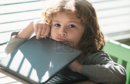 Photo for Sad kid with notebook. Hard to understand. Back to school. Thinking pupil. Homework - Royalty Free Image