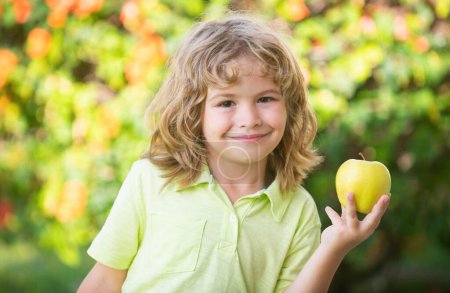 Téléchargez les photos : Rire mignon petit garçon blond mangeant de gros fruits de pomme. Portrait d'enfant sur fond de nature floue - en image libre de droit