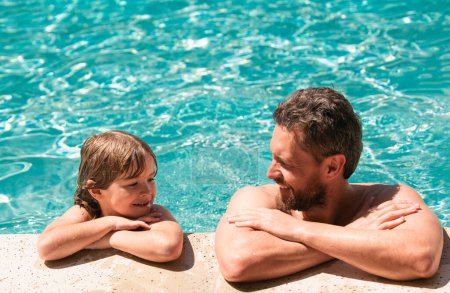 Photo for Father and son in pool. Child with dad playing in swimming pool. Pool party. Sport activity. Father and son on summer weekend - Royalty Free Image