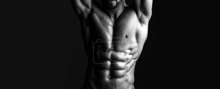 Foto de Plantillas de pancartas con hombre musculoso, torso muscular, seis abdominales. Cuerpo muscular del hombre fuerte - Imagen libre de derechos