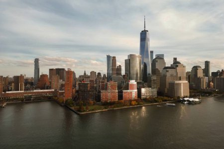 NYC skyline. Manhattan view from New Jersey, NYC skyscraper. Drone aerial view of New York City. Big Apple. NYC panorama from Hudson. Cityscape landmark. Lower Manhattan NYC