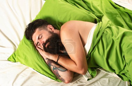 Photo for Slumber man. Sleeping man. Young man sleeping on bed. Napping man concept. Sleeping pose - Royalty Free Image