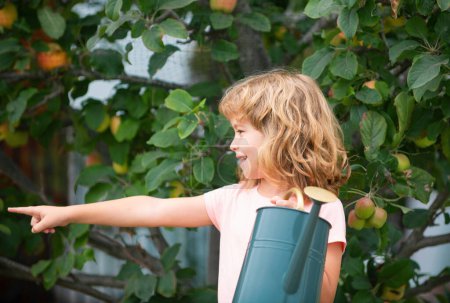 Téléchargez les photos : Enfant travaillant dans le jardin arrosant les fleurs - en image libre de droit