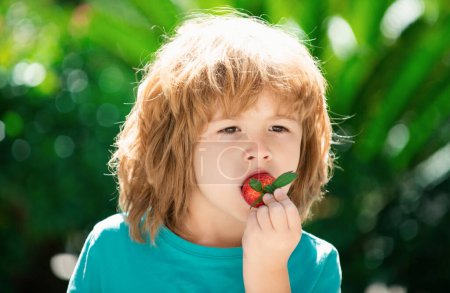 Foto de Comida saludable para niños. Los niños recogen fresas orgánicas frescas. Lindo niño comiendo una fresa - Imagen libre de derechos