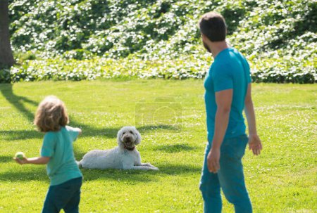 Téléchargez les photos : Vue arrière de la famille avec chien relaxant dans le parc - en image libre de droit