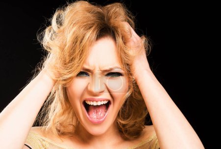 Photo for Emotional angry woman, upset girl. Screaming, hate, rage. Pensive woman feeling furious mad and crazy stress. People emotions lifestyle. Shouting mouth, screaming face - Royalty Free Image