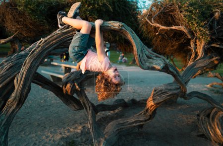 Téléchargez les photos : Enfant grimpant à l'arbre. garçon caucasien heureusement couché à l'envers dans un arbre étreignant une grande branche - en image libre de droit