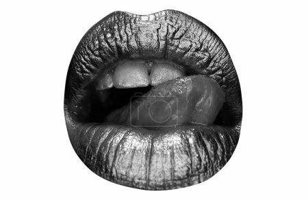 Photo for Golden lipstick closeup. Lips with metal makeup. Sexy lips, Metallic lipstick close up. Sexy tongue. Sensual lick - Royalty Free Image