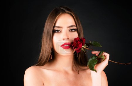 Photo for Beauty woman with naked shoulder and rose flower, beautiful fashion girl, headshot portrait - Royalty Free Image