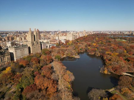 Autumn Fall in New York. Autumnal Central Park view from drone. Aerial of NY City Manhattan Central Park panorama in Autumn. Autumn in Central Park. Autumn NYC. Central Park Fall Colors of foliage