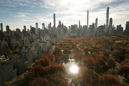 Autumn Fall. Autumnal Central Park view from drone. Aerial of NY City Manhattan Central Park panorama in Autumn. Central Park during autumn in New York City