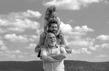 Generation of people and stages of growing up. Men generation grandfather father and son outdoor. Fathers day concept. Men in different ages