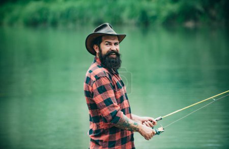 Photo for Man with fishing rod, fisherman men in river water outdoor. Summer fishing hobby - Royalty Free Image