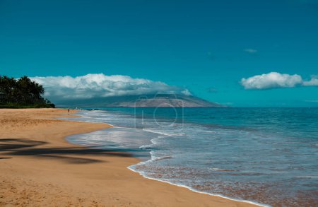 Foto de Hermosa playa con palmeras y cielo. Vacaciones de verano vacaciones concepto de fondo. Playa del paraíso hawaiano. Viajes de lujo vacaciones de verano fondo - Imagen libre de derechos
