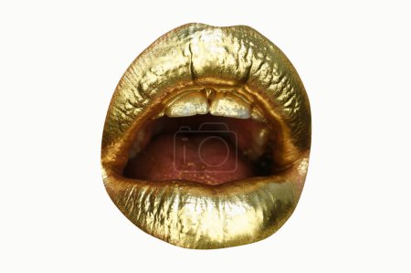 Photo for Mouth Icon. Luxury gold lips make-up. Golden lips with golden lipstick. Gold paint on lips of sexy girl. Sensual woman mouth, isolated background - Royalty Free Image