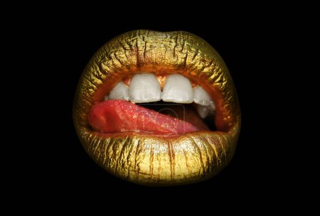Photo for Sexy girl golden lips, gold mouth. Glowing gold skin make-up. Glitter metallic shine golden lipgloss makeup - Royalty Free Image