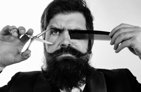 Photo for Bearded man with long moustache. Man in barbershop. Handsome bearded man with long beard moustache and brunette hair on white background. Brutal hipster in barbershop - Royalty Free Image