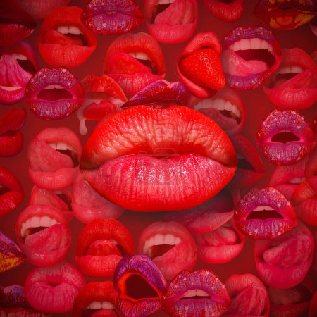 Foto de Artwork with sensual lips. Abstract sexy lip on red. Lips and mouth. Female lip in red background. Woman lips - Imagen libre de derechos
