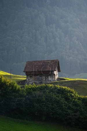 Téléchargez les photos : Vieille maison perdue. Alpes vieille maison en bois. Vieille maison dans les Alpes européennes. Vieille cabane dans la forêt. Maison dilatée dans les Alpes européennes. Maison de style traditionnel dans les Alpes. Concept de voyage - en image libre de droit