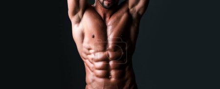 Photo for Banner templates with muscular man, muscular torso, six pack abs muscle. Muscle body of strong man - Royalty Free Image