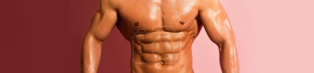 Foto de Plantillas de banner con hombre muscular, torso muscular, seis abdominales paquete muscular - Imagen libre de derechos