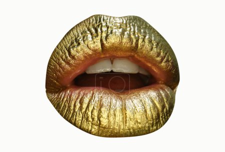 Photo for Sexy girl golden lips, gold mouth. Glowing gold skin make-up. Glitter metallic shine golden lipgloss makeup. Abstract gold lips - Royalty Free Image