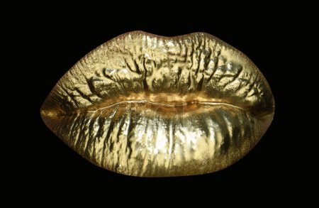Photo for Golden sexy lips, golden art. Gold bright make-up in lips - Royalty Free Image