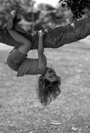 Téléchargez les photos : Garçon de 8 ans grimpant haut arbre dans le parc. Surmonter la peur des hauteurs. Bonne enfance. Enfant essayant de grimper sur l'arbre - en image libre de droit