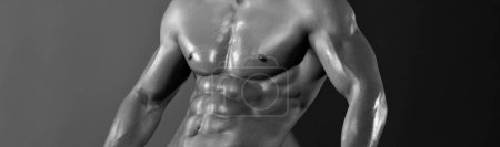 Photo for Man with muscular body and bare chest or coach sportsman. Banner templates with muscular man, muscular torso, six pack abs muscle - Royalty Free Image