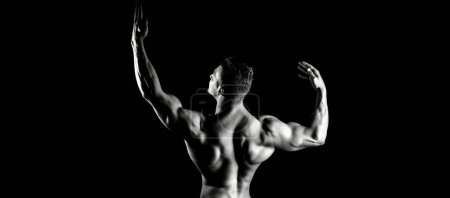 Téléchargez les photos : Healthy lifestyle, bodycare concept. Banner templates with muscular man, back muscle. Black and white - en image libre de droit