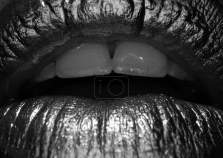 Photo for Macro close up golden lipstick closeup. Lips with metal makeup. Sexy lips, Metallic lipstick close up - Royalty Free Image